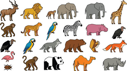 Obraz premium Cute Wild Animal Vector Character Collection with Safari, Jungle, Forest, Desert, and Polar Wildlife Elements for Kids Education and Book Illustrations