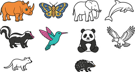 Obraz premium Cute Wildlife and Zoo Animal Cartoon Sticker Vector Set Featuring Rhino Panda Elephant Butterfly Dolphin and Eagle for Kids Educational Graphic Designs