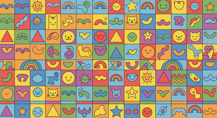 Naklejka premium Colorful Cute Doodle Icons and Shapes for Kids, Seamless Pattern