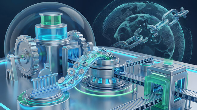 Financial liberation and asset deregulation concept with 3D illustration of coins transferring through mechanical conveyor belt next to a broken chain and globe