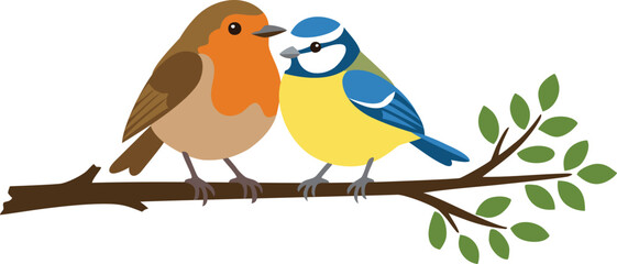 Robin and Blue Tit perched on a branch, vector illustration of garden songbirds in spring, nature wildlife concept © IDR TAO