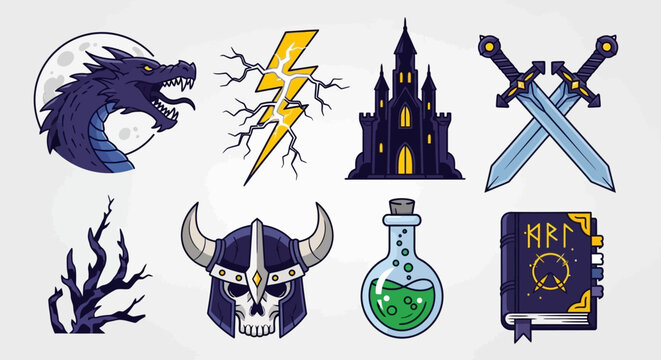 Fantasy Icons: Dragon, Castle, Swords, Potion - Pixel Art Game Assets