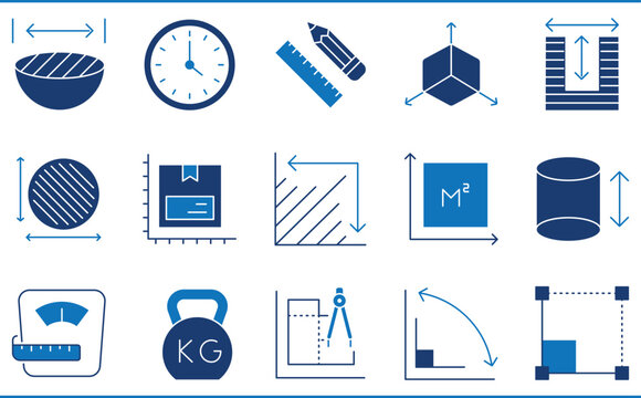 A set of icons related to Measurement. Measure, length, weight, graph, unit, area, volume, dimensions, and so on.