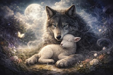 Fototapeta premium A wolf protects a sleeping lamb surrounded by a dreamlike night scene, wolf and lamb, illustration, AI generated