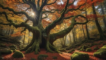Naklejka premium A majestic, moss-covered tree dominates an autumnal forest scene. Sunlight streams through the canopy, illuminating the vibrant foliage and exposed roots. Rocks covered in moss add to the enchanting atmosphere, AI generated