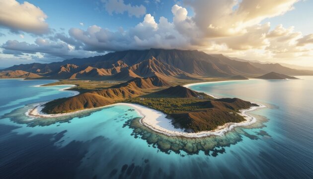 Aerial view of a pristine island cove, turquoise waters lapping a white sand beach, backed by dramatic mountains at sunset. A breathtaking tropical paradise, AI generated