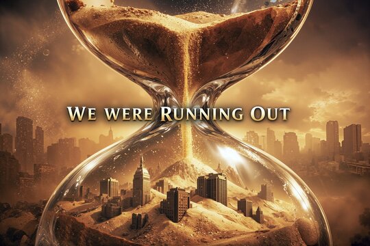 An enormous hourglass towers over a fading city as golden sand drains away, symbolizing urgency, loss, and the relentless passage of time consuming a fragile urban world, AI generated