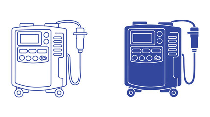 Vector illustration showing hospital medical devices with monitors, connected cables, and mobile stands in monochrome style. © MstMaya