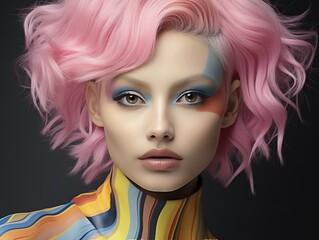 Fototapeta premium Portrait of a woman with wavy, pink hair and artistic make-up in blue and orange, combined with a futuristic, striped outfit, AI generated