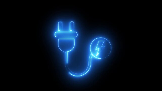 Glowing blue neon electric plug and lightning bolt power charge icon isolated on black background, perfect for energy and technology concept.