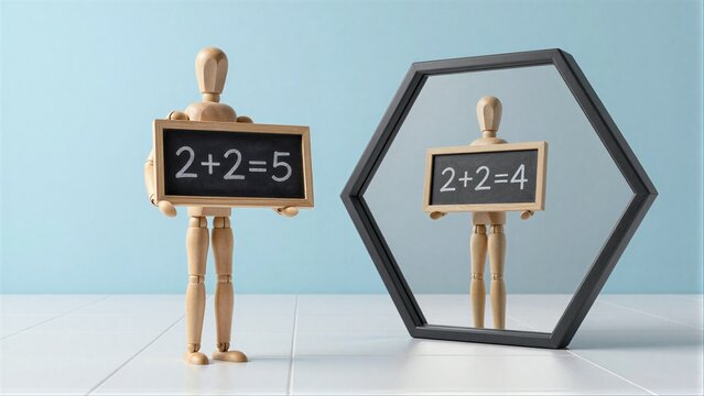 Wooden figure holds wrong math, mirror shows correct answerconcept of error and truth.