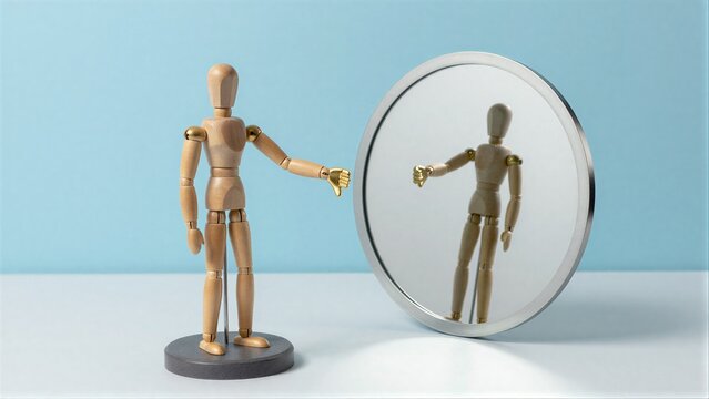 Wooden figure gives thumbs down to its mirrored reflection, symbolizing self-doubt or rejection.
