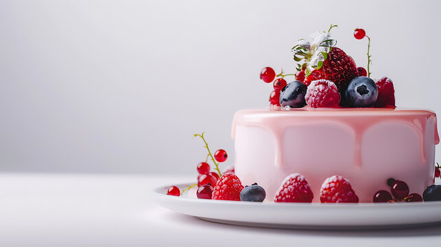 Elegant pink glazed berry cake with left copy space for premium French bakery menus birthday parties and commercial poster banners