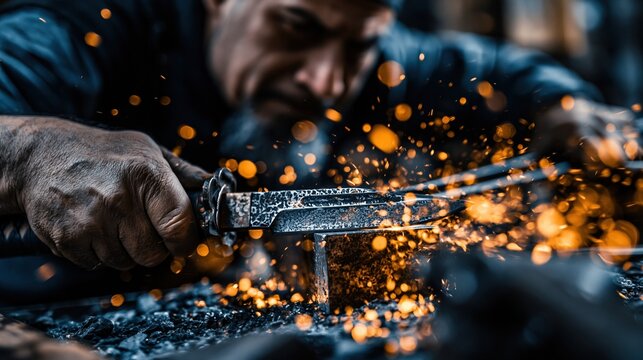 Europe medieval lifestyle. A closeup shot of a blacksmith in action. The focus is on the hands of the blacksmith, actively forging a piece of metal with a sharp, metallic sheen.