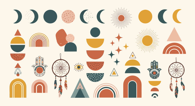 Boho Celestial Elements: Suns, Moons, Rainbows, Dreamcatchers, Hamsa Hands