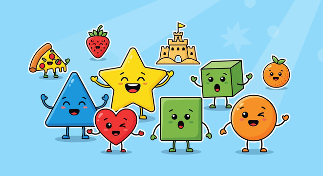 Cute Cartoon Shapes and Food Characters Smiling on Blue Background