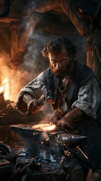Europe medieval lifestyle. A vivid portrayal of a blacksmith in his forge. The blacksmith, with a full beard, is focused on his work, using a hammer to strike a piece of metal on an anvil.