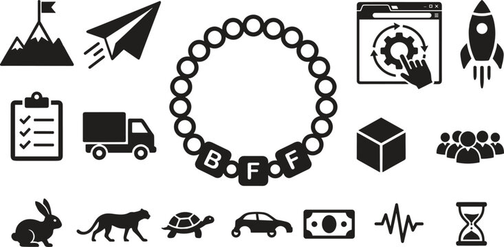Business and lifestyle concept icons including bff bracelet, rocket, delivery truck, mountain, and animal silhouettes in solid style