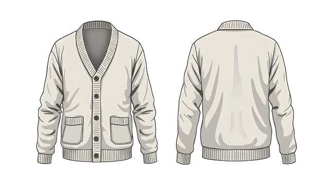 Cream Knit Cardigan Front and Back View Isolated on White Background