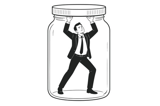 Illustration of a businessman trapped inside a glass jar pushing the lid to represent career limitations