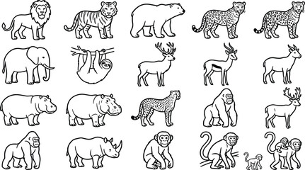 Wild Zoo and Safari Animal Outlines Vector Icon Set Featuring Lion Tiger Bear Elephant Cheetah Gorilla Sloth and Rhino for Creative Kids Coloring Education Designs © rumi