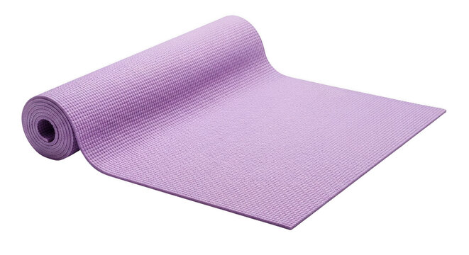 Purple textured yoga mat rolled out on the floor isolated on transparent background