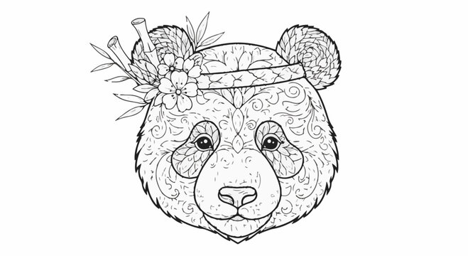 Intricate panda head line art illustration featuring a floral crown, cherry blossoms, and bamboo stalks. Zentangle-style mandala patterns on white background for coloring book.
