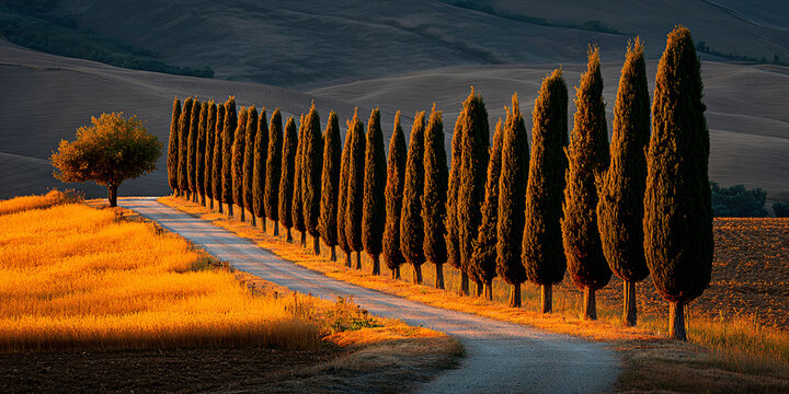 Row of Cypress Trees Along Golden Field Road at Sunset