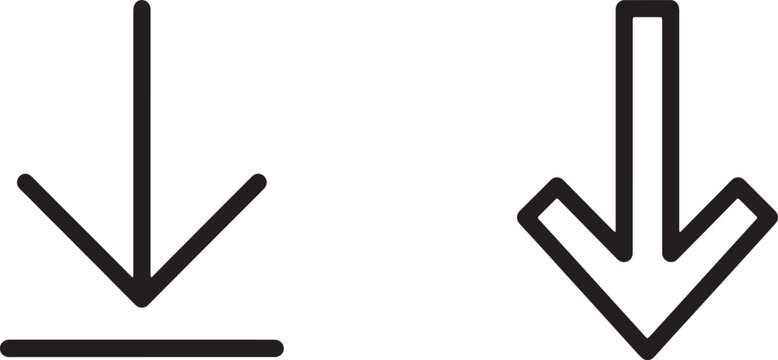 Long tailed arrow signs pointing straight downward line vector icons for website page scrolling indicators and content dropdown menus