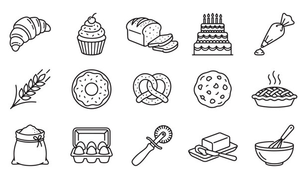 Set of black and white bakery and pastry line icons