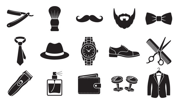 Set of black and white icons representing classic gentleman accessories and grooming tools