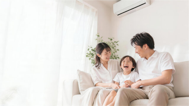 エアコンのある白いリビングでくつろぐ夏の日本人家族