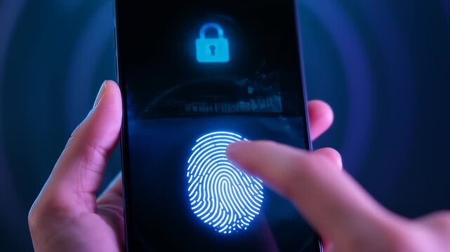 Close up of a persons finger scanning fingerprint on a smartphone screen for security verification, digital interface glowing.