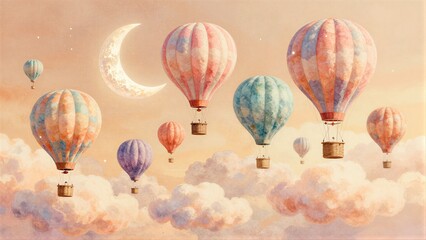 Naklejka premium Colorful hot air balloons drift through soft clouds beneath a crescent moon.