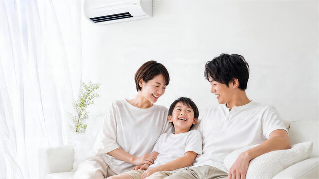 エアコンのある白いリビングでくつろぐ夏の日本人家族