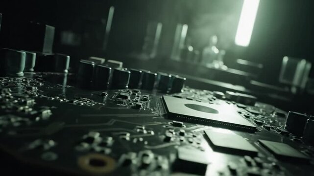 Close-up of a computer motherboard with components, lights, and sounds, representing technology.