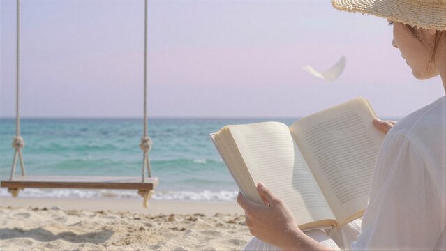 Beachside reader in straw hat, book open, swing and waves behind.