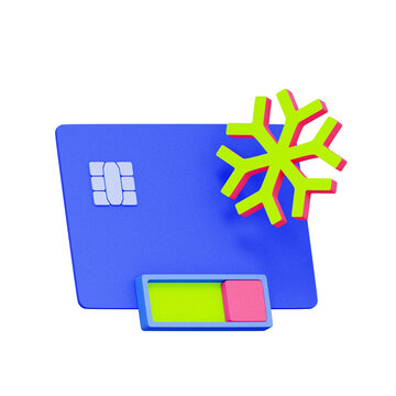 3D illustration of credit card with snowflake and toggle switch for frozen account, card suspension, payment hold, security freeze, risk management, and financial control.