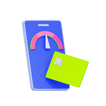 3D illustration of smartphone with speedometer gauge and credit card for credit score, spending limit, financial performance, fast payment, transaction speed, and loan approval.