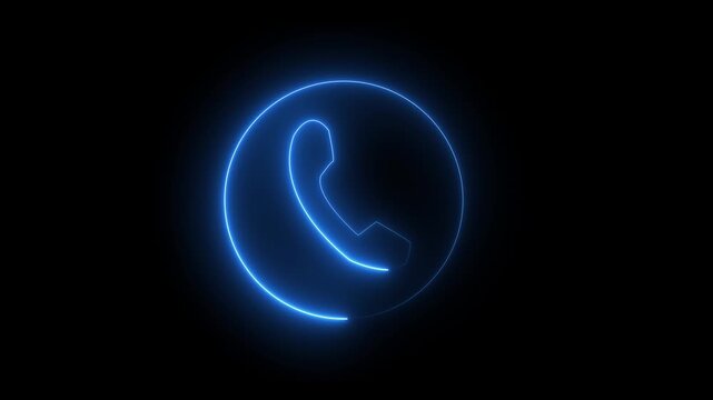 Glowing blue neon phone handset icon inside a circle isolated on black background, perfect for communication, support, and contact us concept.