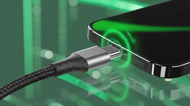 Closeup of a modern smartphone being connected to a braided charging cable, digital green background with bokeh lights