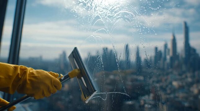 Window cleaner wiping a skyscraper glass with a squeegee