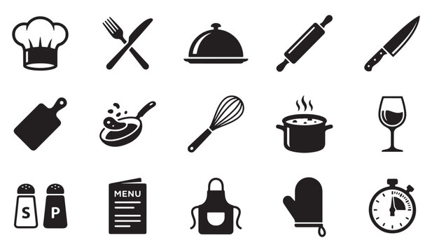 Set of black silhouette cooking and restaurant kitchen equipment icons