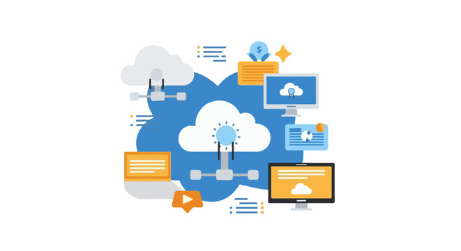 Cloud computing concept with a central cloud icon surrounded by various symbols
