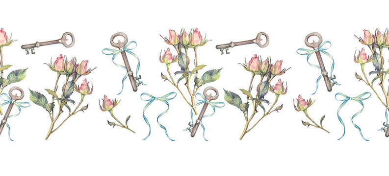 Watercolor seamless border with hand-drawn bouquet rose and silver key with blue bow on white background. Tool for home or garden and garage. Rim for wedding invite card. Frame for wallpaper wrapping