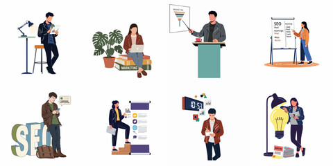 Fototapeta premium Set of diverse digital marketing and SEO concept illustrations featuring people working, presenting, and analyzing data in a flat design style.