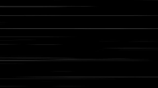 Abstract anime speed line background animation overlay. White radial comic light speed lines horizontal moving from right to the left on black background