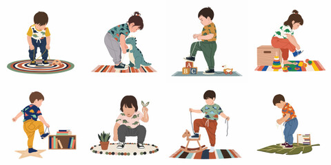 Fototapeta premium A set of flat vector illustrations depicting young children and toddlers learning to tie their shoelaces and playing with toys in various home settings.