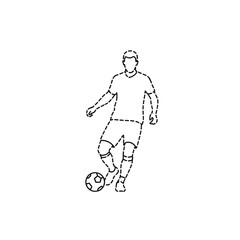 Obraz premium Minimalist black dashed line outline vector of a professional male soccer player dribbling a football on a white background, sports silhouette graphic illustration for design.