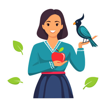 Cartoon woman holding parrot and apple